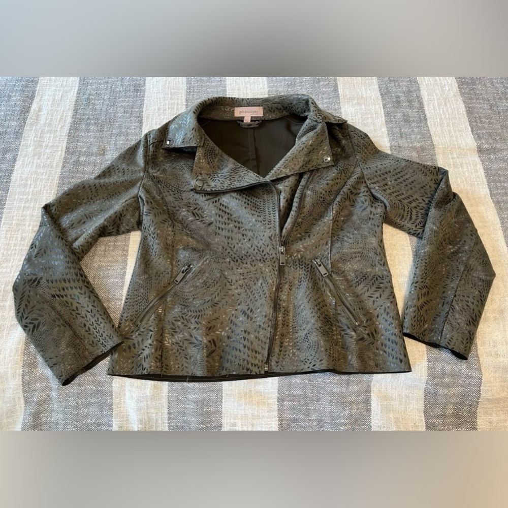 Philosophy Olive Green w/ Leaf Design SZ L Faux Leather Suede Moto Jacket - Picture 4 of 15